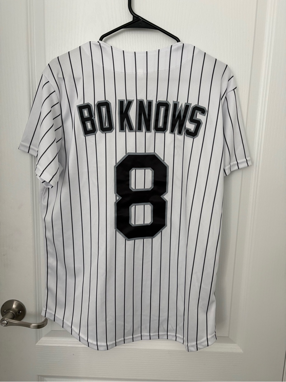 White Pinstripe 'BO KNOWS' Baseball Jersey - Number 8